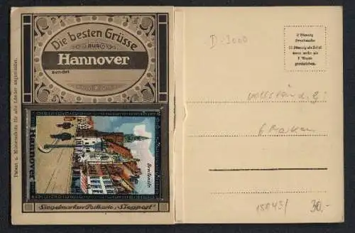 Siegelmarken-AK Hannover, Der Bahnhof, rückseitige Siegelmarken mit Ansichten Marktplatz, Markthalle m. Leinestrasse etc.