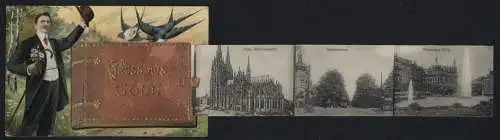 Leporello-AK Köln, Ansichten im Buch, Eisenbahnbrücke, Hahnentor, Heinzelmännchen-Brunnen, Opernhaus