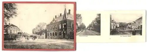 Leporello-AK Esens i. Ostfriesland, Drostentor mit Ansichten von Heerdestrasse, Mühlen, Bahnhofstrasse, Am kleinen Markt