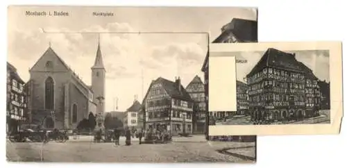 Leporello-AK Mosbach i. Baden, Marktplatz mit Ansichten von Rathaus, Hauptstrasse, Palms Haus