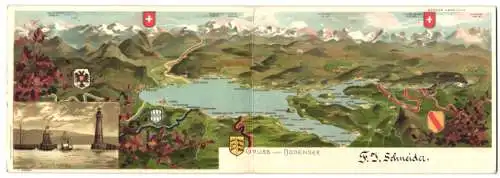 Klapp-Lithographie Lindau /Bodensee, Panorama der Umgebung