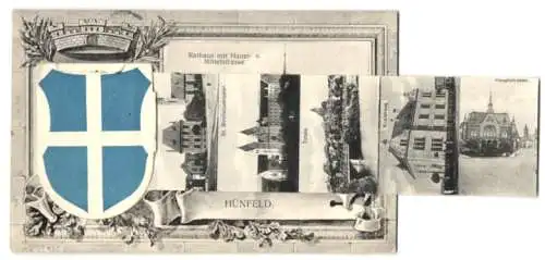 Leporello-AK Hünfeld, Rathaus mit Haupt- und Mittelstrasse, Wappen mit Ansichten von St. Bonifaciuskloster, Kirchen