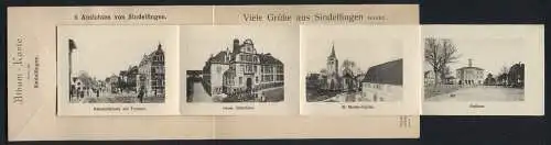 Leporello-AK Sindelfingen, Bahnhofstrasse mit Postamt, Neues Schulhaus, Rathaus, St. Martinskirche