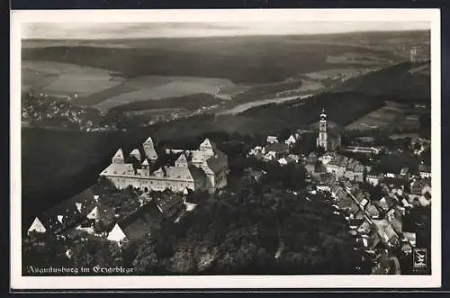 AK Augustusburg, Gesamtansicht mit der Burg aus der Vogelschau