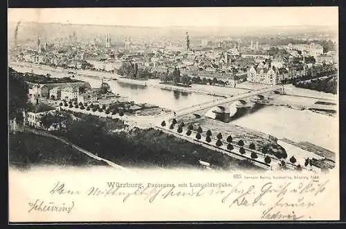 AK Würzburg, Panorama mit Luitpoldbrücke