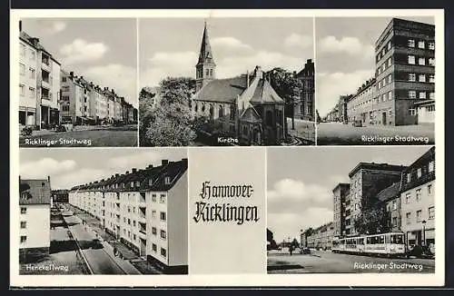 AK Hannover-Ricklingen, Ricklinger Stadtweg mit Strassenbahn, Henckellweg, Kirche