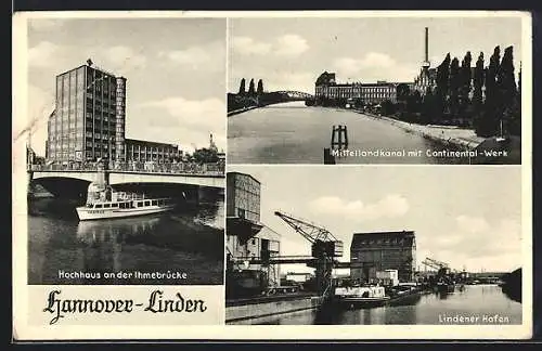 AK Hannover-Linden, Hochhaus an der Ihmebrücke, Mittellandkanal mit Continental-Werk, Lindener Hafen