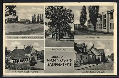 AK Hannover-Badenstedt, Sportplatz des Turnvereins, Volksschule, Am Denkmal