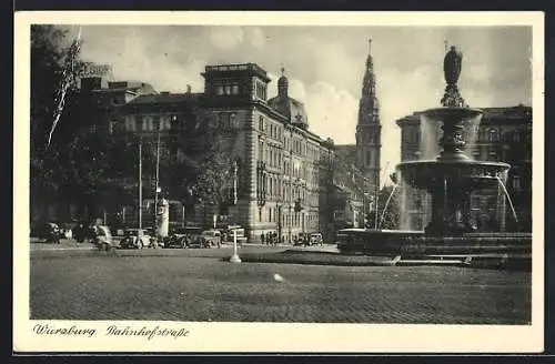 AK Würzburg, Bahnhofstrasse, mit Brunnen