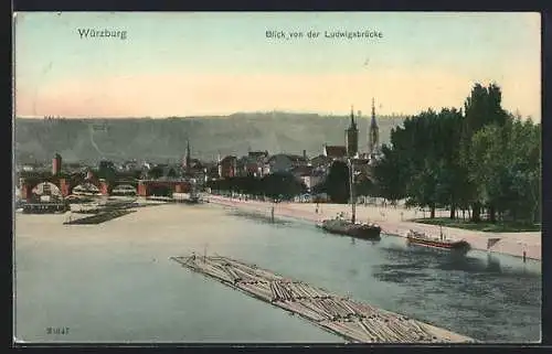 AK Würzburg, Blick von der Ludwigsbrücke, Holzflösser