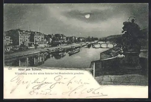 AK Würzburg, Ortsansicht von der alten Brücke im Mondschein