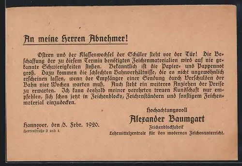 AK Hannover, Alexander Baumgart Zeichenblockfabrik, geschäftliche Korrespondenz