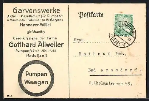 AK Hannover-Wülfel, Geschäftskorrespondenz Garvenswerke, Pumpen, Waagen