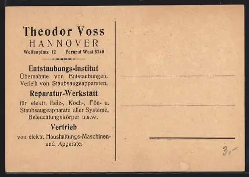 AK Hannover, Geschäftskorrespondenz Entstaubungs-Institut Theodor Voss, Staubsaugerverleih, Welfenplatz 12