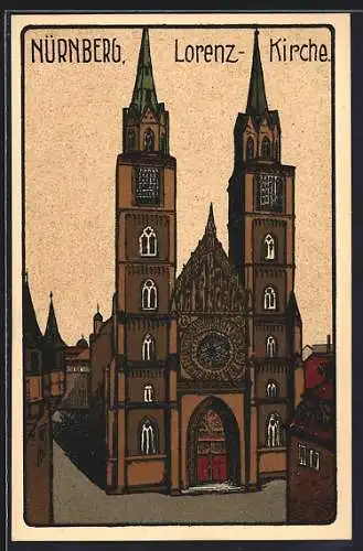 Steindruck-AK Nürnberg, Blick auf die Lorenzkirche