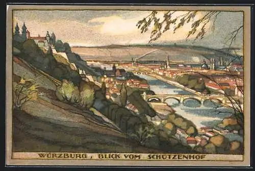 Steindruck-AK Würzburg, Blick vom Schützenhof auf die Stadt