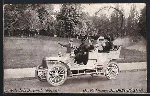 AK Auto De Dion Bouton (1906), Double Phaeton, Elegantes Paar wird chauffiert, Reklame