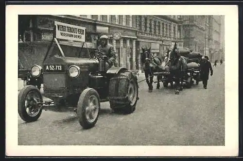 AK Wien, Wiener Tierschutz Verein, Vorspanndienst, Deering Traktor zieht eine Pferdekutsche, Kennzeichen A52-713