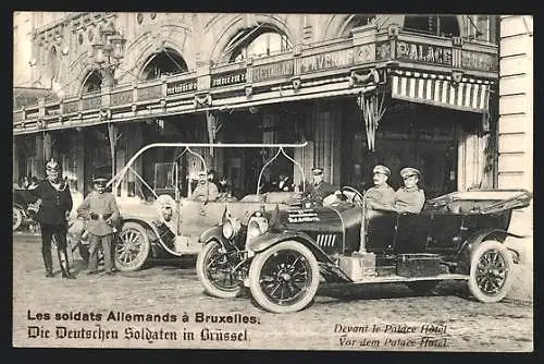 AK Bruxelles / Brüssel, Deutsche Soldaten in Autos vor dem Palace Hotel