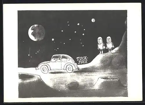 AK Astronauten auf dem Mond mit einem Auto, Aus der Serie Spass am VW