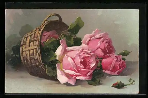 Künstler-AK Catharina Klein: Korb mit pinken Rosen