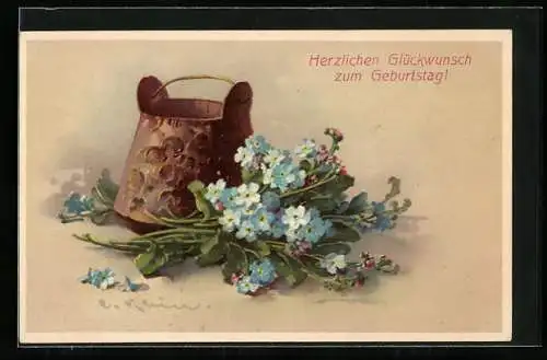 Künstler-AK Catharina Klein: Vergissmeinnicht und bronzener Krug, Geburtstagsglückwünsche