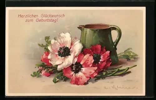 Künstler-AK Catharina Klein: Anemonen und grüner Krug, Geburtstagsgrüsse