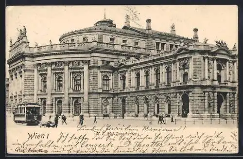 AK Wien, Hof-Burgtheater mit Strassenbahn