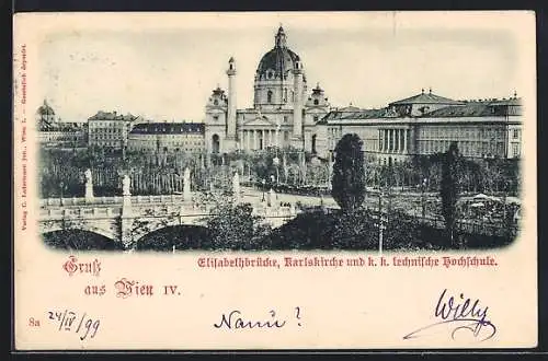 AK Wien, Elisabethbrücke, Karlskirche und k. k. technische Hochschule