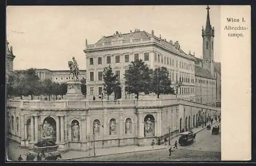 AK Wien, Albrechtsrampe mit Brunnen und Pferdebahn