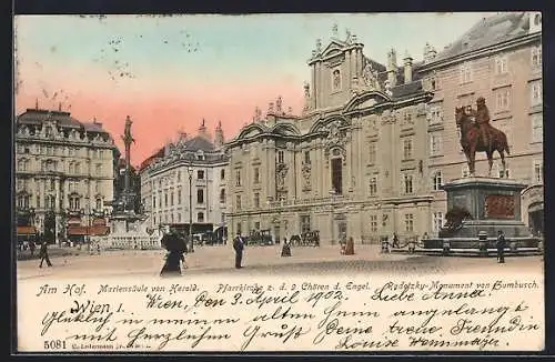 AK Wien, Mariensäule von Herold, Pfarrkirche z. d. 9 Chören d. Engel und Radetzky-Monument am Hof