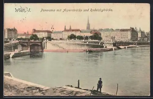 AK Wien, Panorama mit Aspernbrücke und Radetzkybrücke