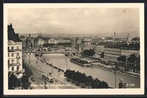 AK Wien, Kai mit Schwedenbrücke und Strassenbahn