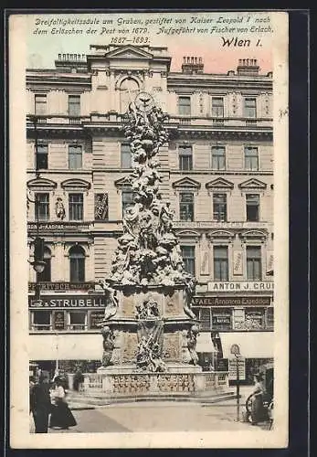 AK Wien, Dreifaltigkeitssäule am Graben mit Geschäften