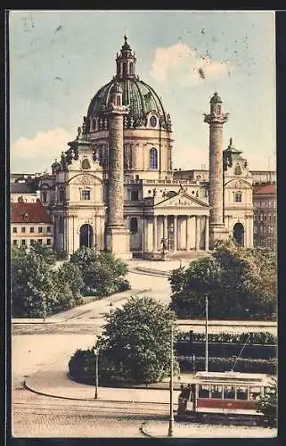 AK Wien, Strassenbahn an der Karlskirche