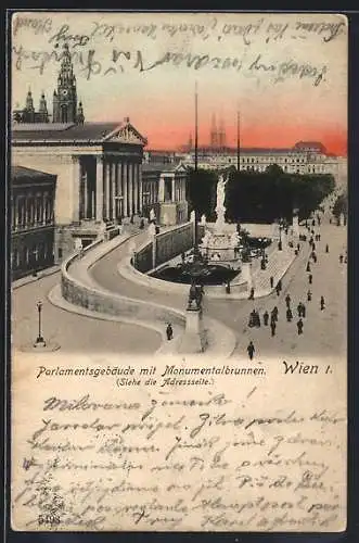 AK Wien, Parlamentsgebäude mit Monumentalbrunnen