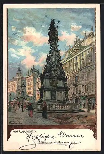 Lithographie Wien, Graben, Pestsäule