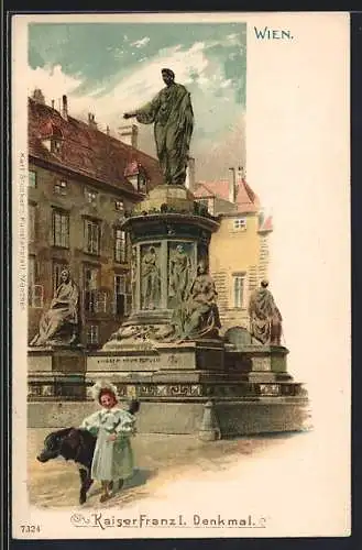 Lithographie Wien, Kaiser Franz I.-Denkmal mit Kind und Hund