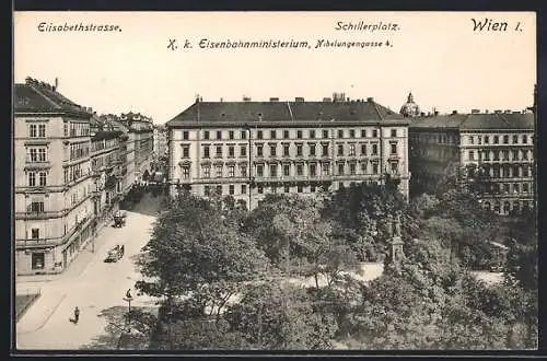 AK Wien, K. k. Eisenbahnministeerium, Nibelungengasse 4 mit Elisabethstrasse und Schillerplatz