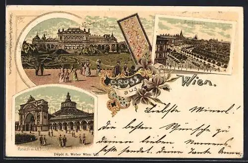 Lithographie Wien, Kur-Salon im Stadtpark, Franzensring, Rotunde im k. k. Prater