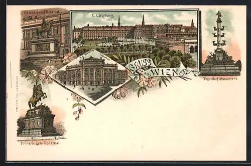 Lithographie Wien, Tegetthof Monument, Prinz Eugen-Denkmal, Kaiser Josef-Denkmal, Hofburg