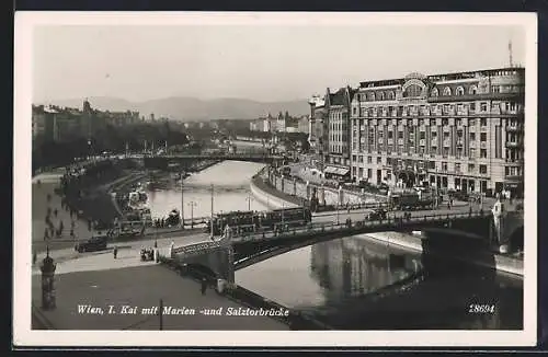 AK Wien, Strassenbahn, Kai mit Marien- und Salztorbrücke