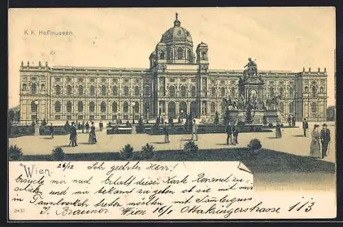 Lithographie Wien, K. K. Hofmuseum mit Denkmal