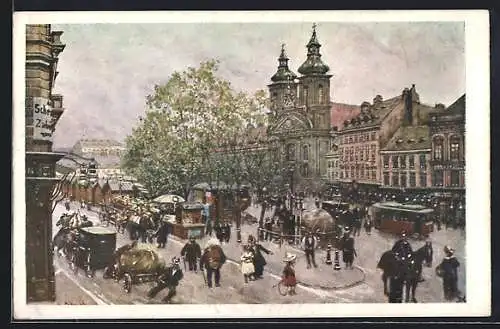 Künstler-AK Wien, Landstrasse, Hauptstrasse mit Kirche, Strassenbahn, Schnee