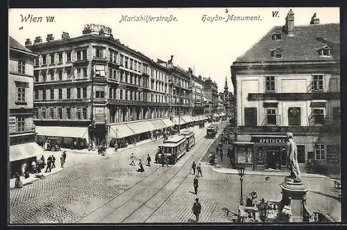 AK Wien, Mariahilferstrasse mit Haydn-Monument und Strassenbahnen