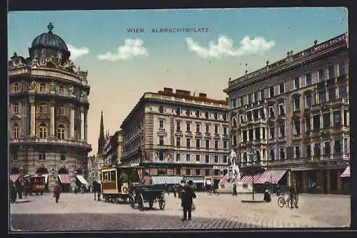 AK Wien, Albrechtsplatz, Partie mit Pferdefuhrwerk und Blick auf Kirchturm