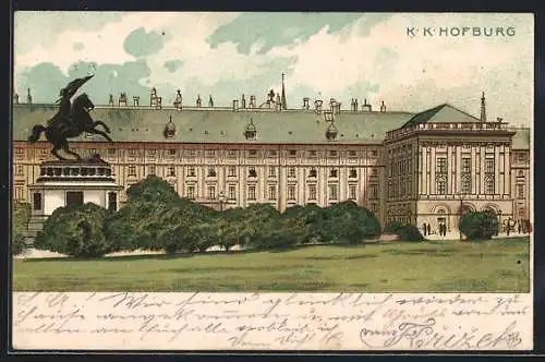 Künstler-Mondschein-Lithographie Wien, K. K. Hofburg mit Statue