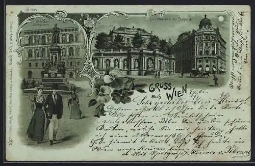 Mondschein-Lithographie Wien, Schiller-Monument, Kaiserbrunnen mit Philipphof