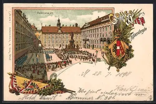 Lithographie Wien, Fahnenübergabe auf dem Franzensplatz, Stadtwappen