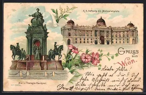 Lithographie Wien, K. K. Hofburg am Michaelerplatz, das Maria Theresia Denkmal